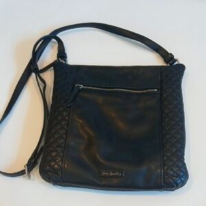 Vera Bradley Black Leather Quilted Crossbody Bag 10x11 EUC